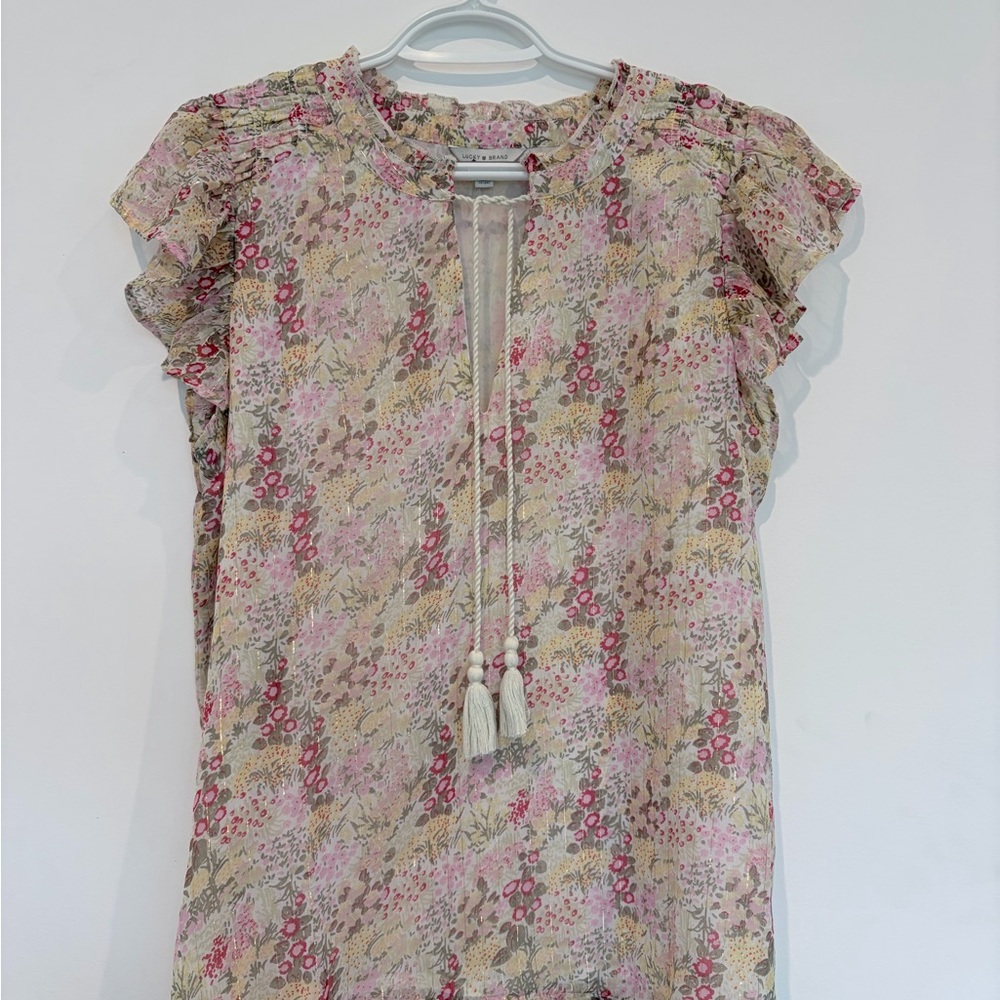 Lucky Brand Floral Tassel Tie Flutter Sleeve Top